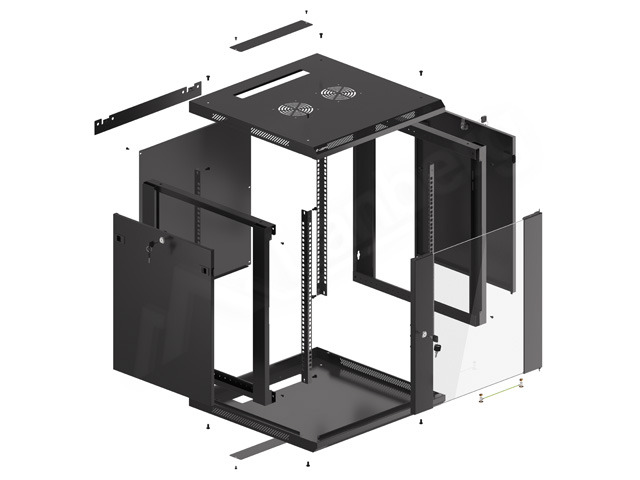 Lanberg wall-mount rack cabinet 19&quot; 12U 600*600 with glass door, black. Flat pack.