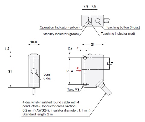 Omron E3ZM-V61 2M pre-wired 2m optical sensor, npn output, diffuse-reflective (mark detection), sensing distance 10 to 14 mm, set in the order of the teaching operation, white LED (450 to 700 nm), remote control input