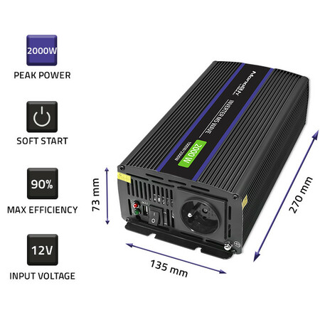 Qoltec Monolith voltage converter 2000 MS wave |12V to 230V | 1000/2000W | USB