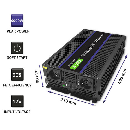 Qoltec Monolith voltage converter 6000 MS wave | 12V to 230V | 3000/6000W | USB
