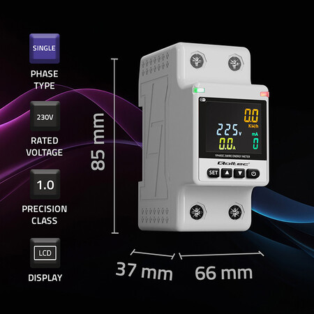 Qoltec single-phase electronic wattmeter, energy consumption meter, DIN35, remote control, measurement history, Wi-Fi,Tuya, Smart life