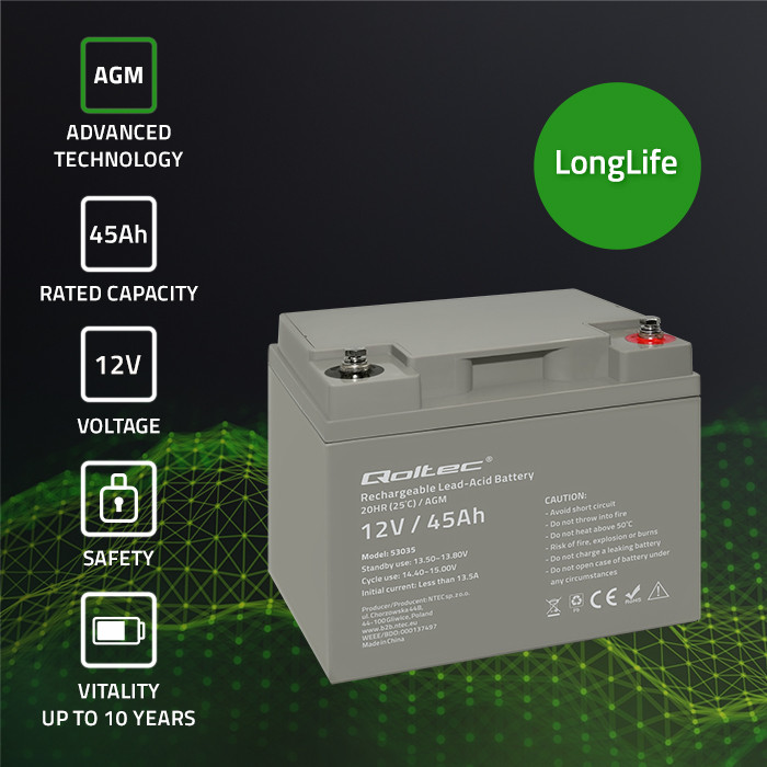 Qoltec AGM battery 12V 45Ah maintenance-free, efficient, LongLife, for UPS, scooter