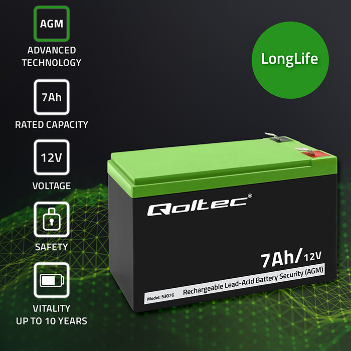 Qoltec AGM battery 12V 7Ah maintenance-free, efficient, LongLife, for UPS, security