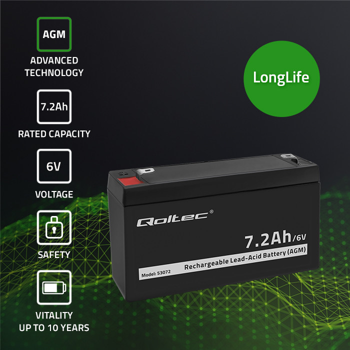 Qoltec AGM battery, 6V 7.2 Ah, maintenance-free, Efficient, LongLife, for toys, vehicles
