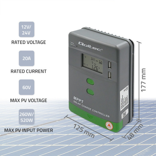 Qoltec MPPT solar charge controller with temperature sensor 20A, 12V/24V, LCD, 2*USB, Bluetooth, APP, GEL, LiFePO4