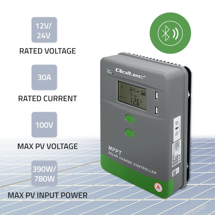 Qoltec MPPT solar charge controller with temperature sensor 30A, 12V/24V, LCD, 2*USB, Bluetooth, APP, GEL, LiFePO4