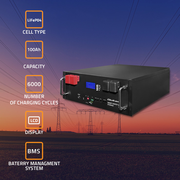 Qoltec stable LiFePO4 energy storage for rack, 5.12kWh, 51.2V, 100Ah, BMS, LCD