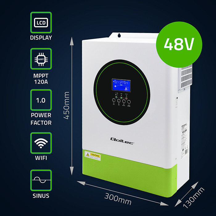 Qoltec modular hybrid off-grid solar inverter 6200W, 120A, 48V, MPPT, up to 12 units, BMS, sinus, Wi-Fi option, power factor 1.0