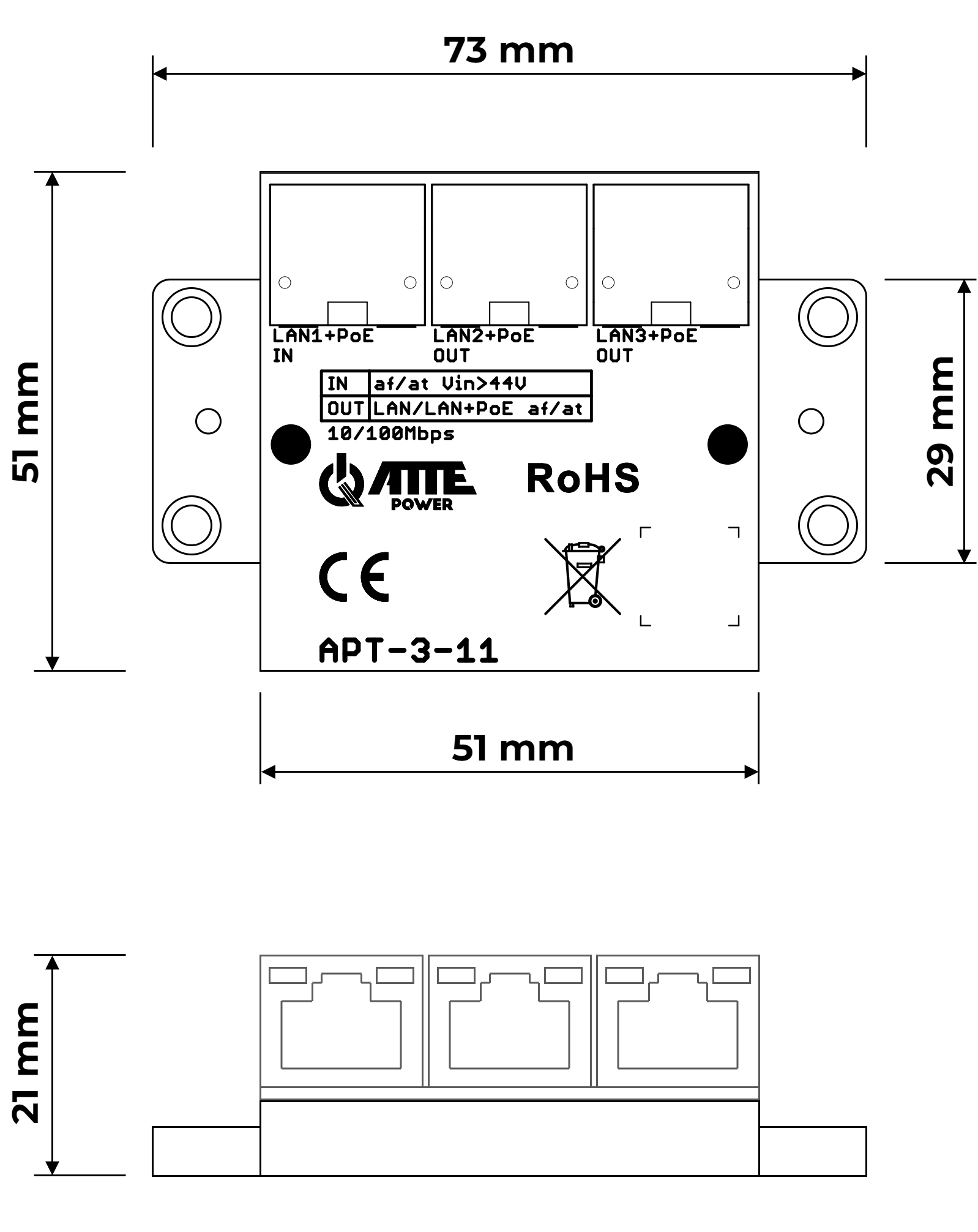 3-port PoE switch 10/100Mbps, extender