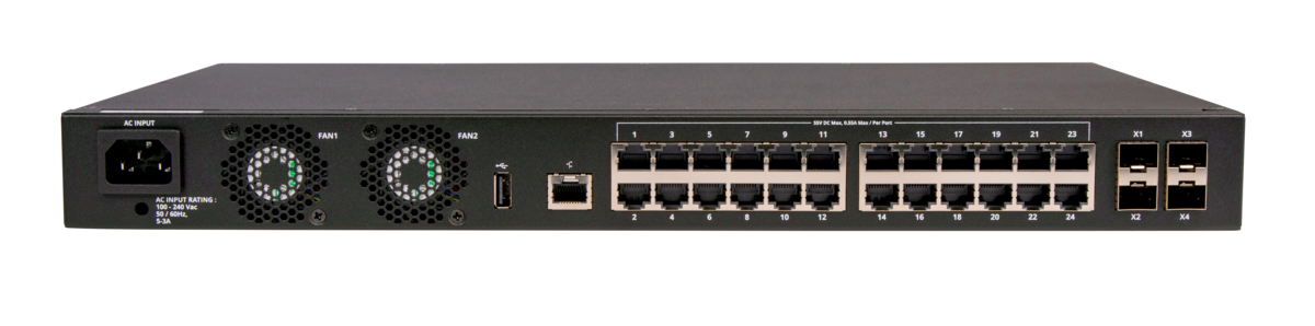 Ruckus AV ports-in-back ICX 8200 switch, 24*10/100/1000 Mbps PoE+ ports, 4*25 GbE SFP28 stacking/uplink-ports, 370W PoE budget