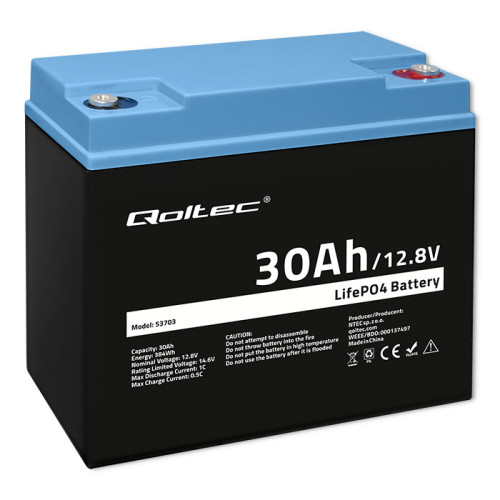 Qoltec LiFePO4 lithium iron phosphate battery 12.8V, 30Ah, 384Wh, BMS