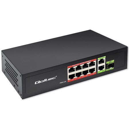 Qoltec unmanaged GE PoE switch, 8*RJ45 PoE (120W budget), RJ45 uplink 2*10/100/1000Mb/s, SFP 1000Mb/s