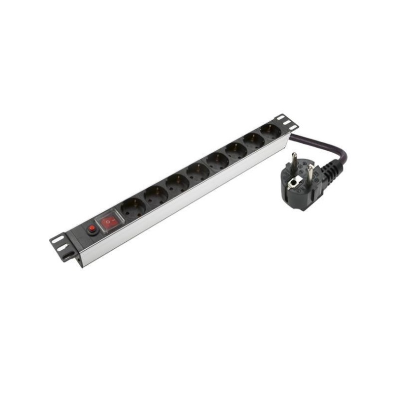 Somi Networks aluminium PDU power panel, silver 1U, 8*Schuko out, Schuko in, 1.8m cable