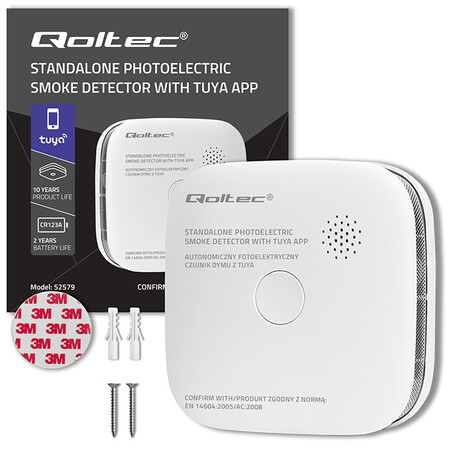 Qoltec certified wireless smoke detector with battery, Tuya, Wi-Fi, sensor service life 10 years, 85dB alarm, LED