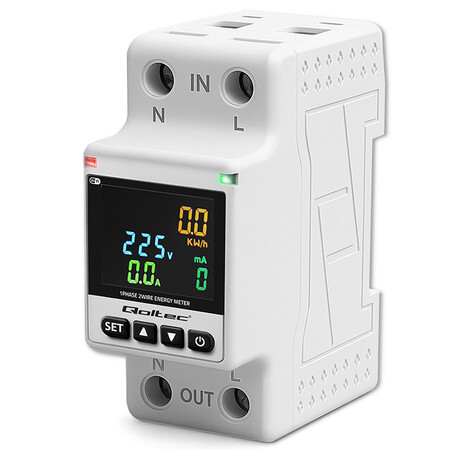 Qoltec single-phase electronic wattmeter, energy consumption meter, DIN35, remote control, measurement history, Wi-Fi,Tuya, Smart life