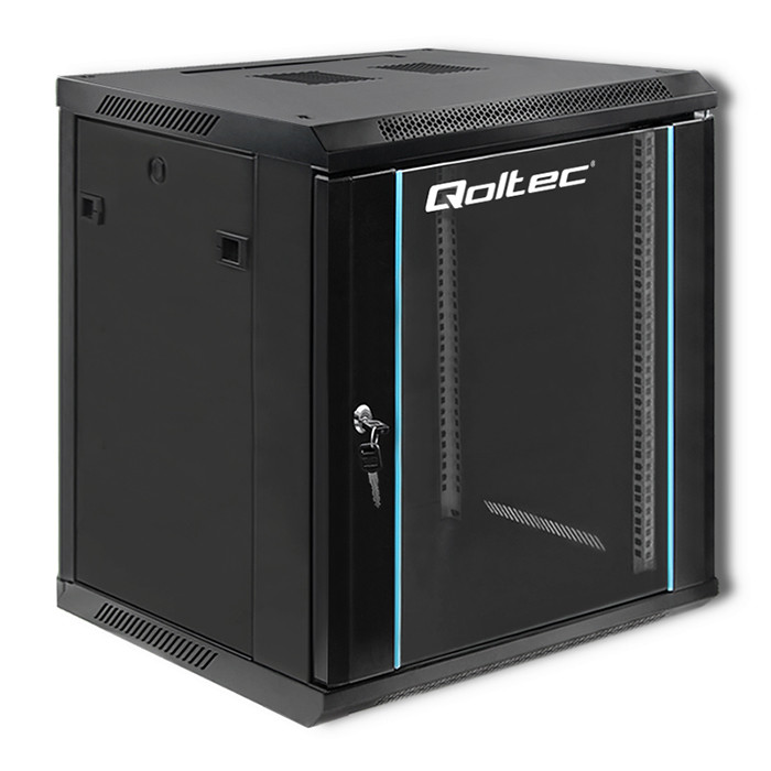 Qoltec 19" wall-mount rack cabinet 12U 600*635*600, with glass door, black