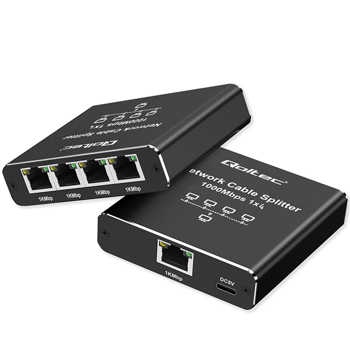 Qoltec unmanaged Gigabit switch, 4*RJ45, 1*RJ45 uplink, USB-C power, aluminium
