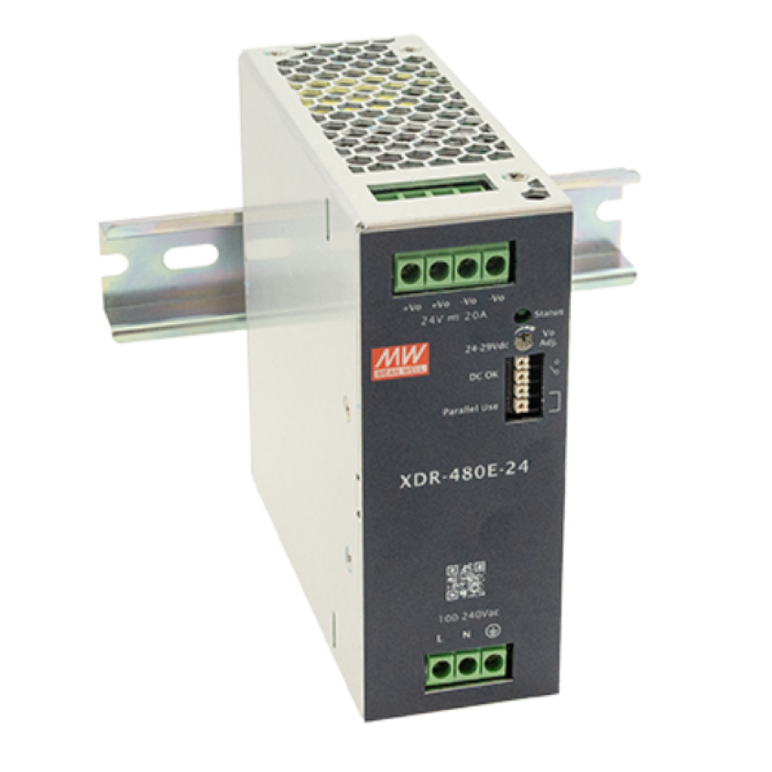 MeanWell XDR DIN-rail power supply 480W,85-264VAC/120-370VDC in, 24V/20A out