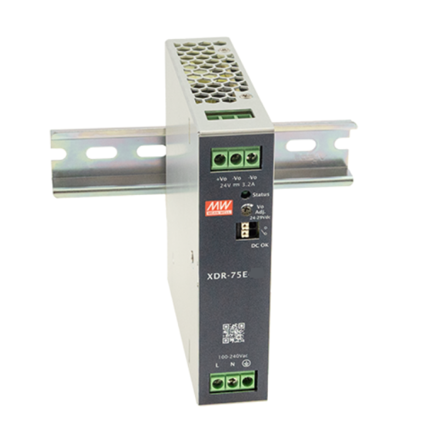 MeanWell XDR DIN-rail power supply 75W,85-264VAC/120-370VDC in, 24V/3.2A out