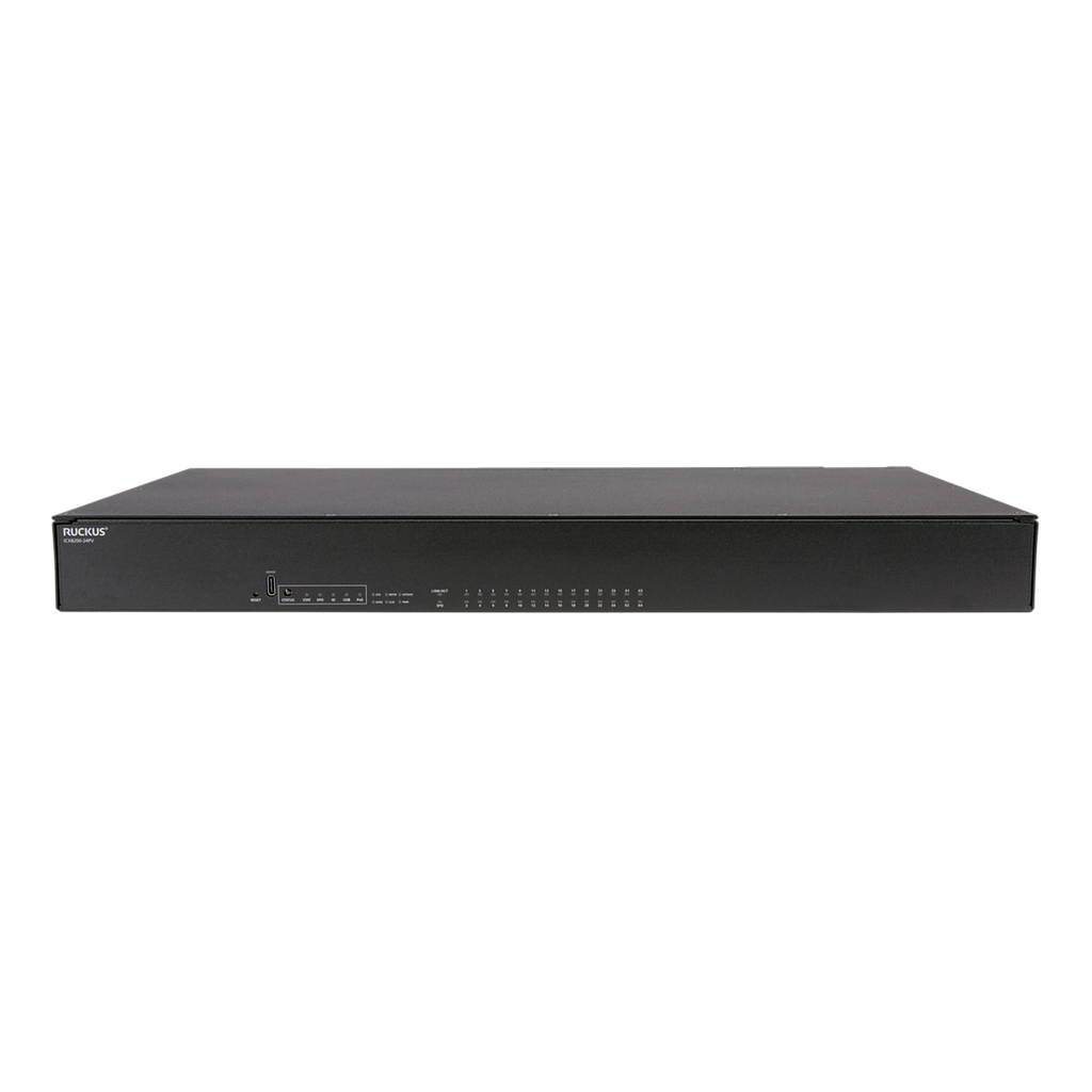 Ruckus AV ports-in-back ICX 8200 switch, 24*10/100/1000 Mbps PoE+ ports, 4*25 GbE SFP28 stacking/uplink-ports, 370W PoE budget