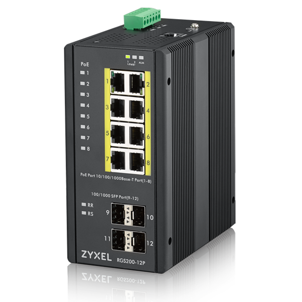 12-port GbE managed PoE switch (240W PoE), DIN rail