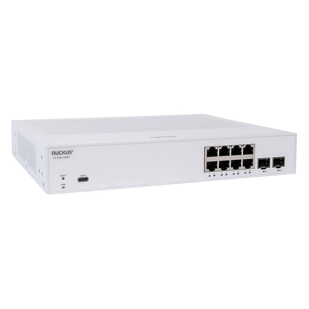 Ruckus ICX 8100 Pro AV Compact Switch, 8×10/100/1000 Mbps PoE+ 802.3at, 30W Class 4 ports, 2×1GbE SFP uplink-ports, 124W PoE budget, AV Profiles. Power cord not included