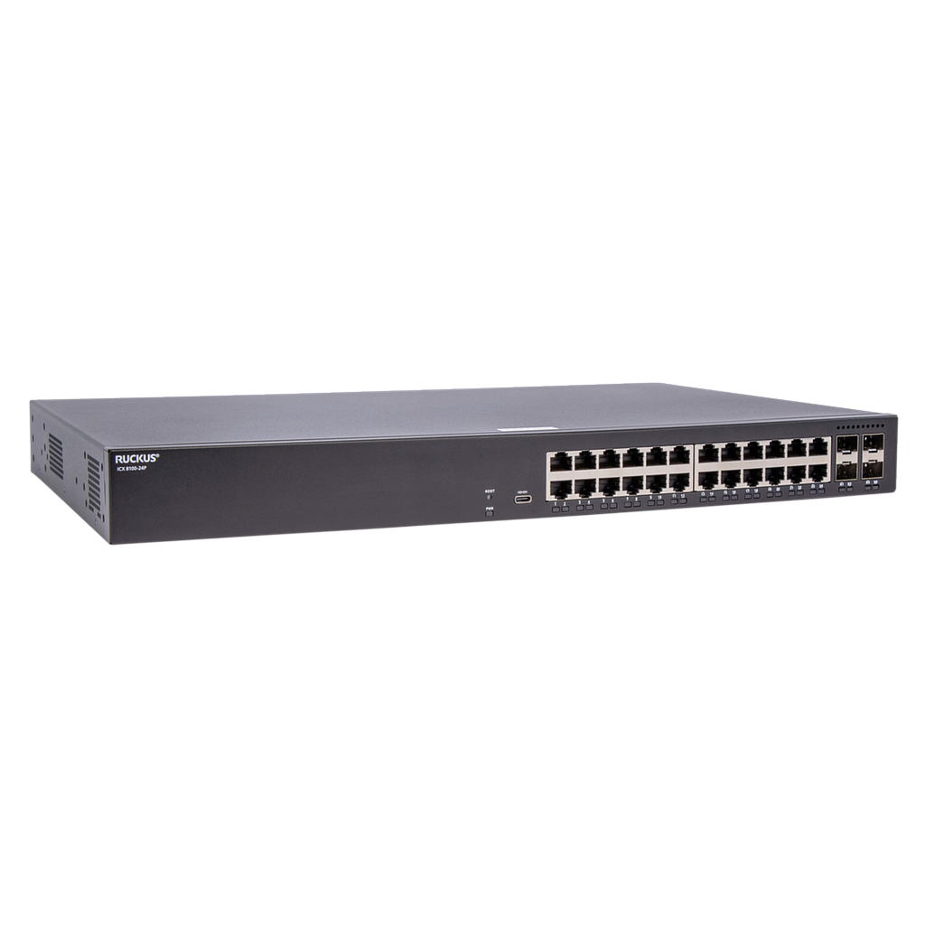 Ruckus ICX 8100 Pro AV 1RU Switch, 24×10/100/1000 Mbps PoE+ 802.3at, 30W Class 4 ports, 4×1GbE SFP uplink-ports, 370W PoE budget, AV Profiles. Power cord not included