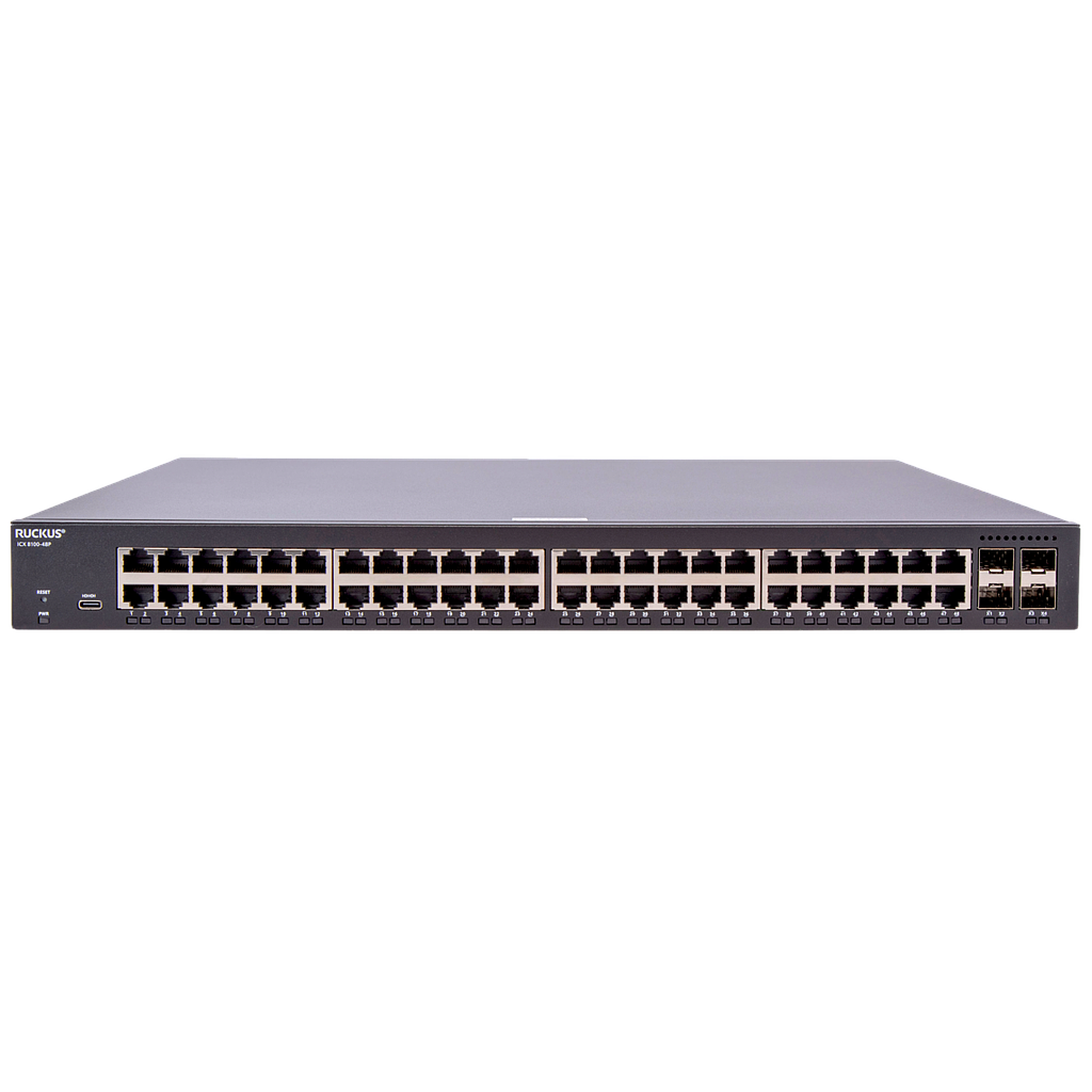 Ruckus ICX 8100 Pro AV 1RU Switch, 48×10/100/1000 Mbps PoE+ 802.3at, 30W Class 4 ports, 4×1GbE SFP uplink-ports, 370W PoE budget, AV Profiles. Power cord not included