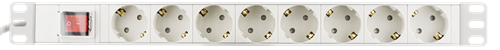 19" 1U toitepaneel, 8*CEE 7/4 Schuko pesa, 1*CEE 7/7 Schuko pistik, 3m, toitelülitiga, valge