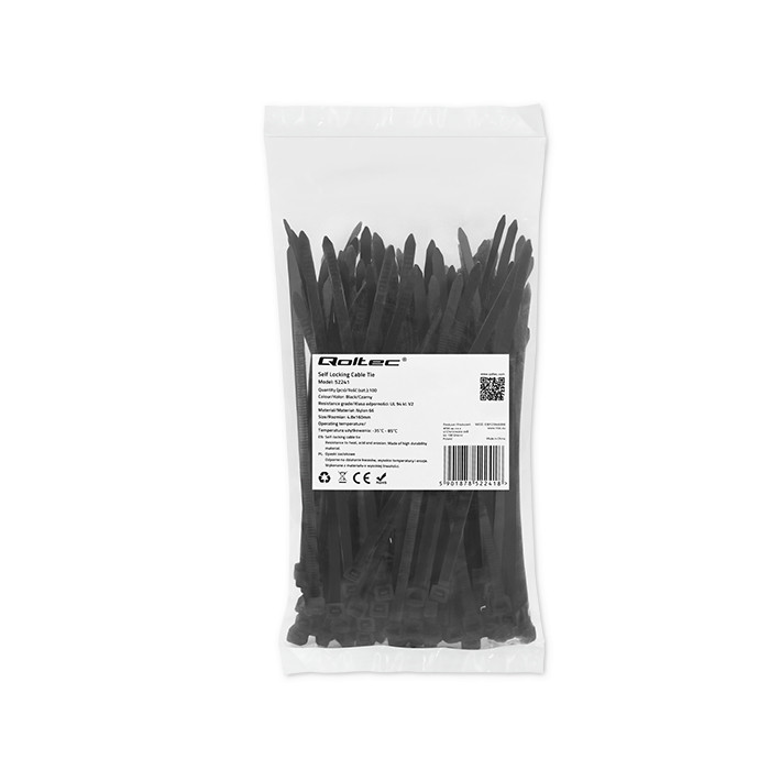 Qoltec self-locking cable tie | 4.8*160 mm | nylon UV | black