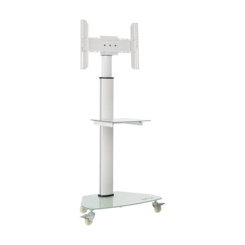 Eaton premier rolling TV cart for 37” to 70” displays, frosted glass base and shelf, locking casters, white