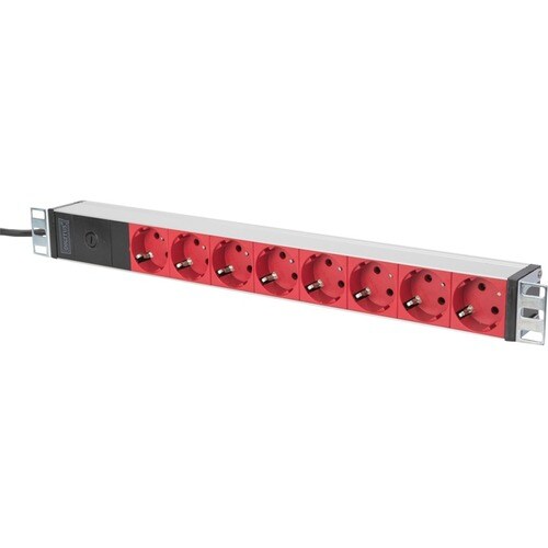 Digitus aluminum outlet strip with pre-fuse, 8 safety outlets, 2m supply IEC C14 plug, basic, 0U/1U, horizontal, black