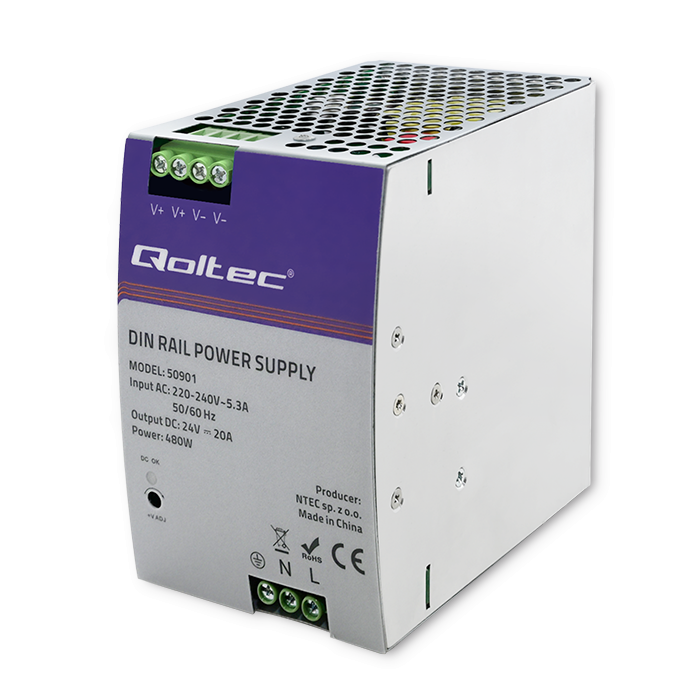 Qoltec DIN rail power supply, 24V, 20A, 480W, industrial